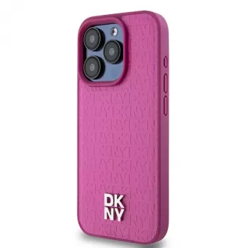 DKNY DKHMP15LPSHRPSP Θήκη iPhone 15 Pro 6,1 inch Ροζ Σκληρή Δερμάτινη με Μοτίβο Μονογράμματος και Μεταλλικό Λογότυπο, Συμβατή με MagSafe