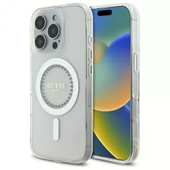 Guess GUHMP16LPFTDTEH Σκληρή Θήκη για Apple iPhone 16 Pro 6,3 ίντσες Λευκό IML Strasssteine MagSafe