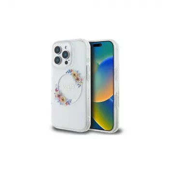 Guess GUHMP16LHFWFCT Σκληρή θήκη για iPhone 16 Pro 6,3 ιντσών Διάφανη IML Flowers Wreath MagSafe
