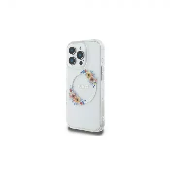 Guess GUHMP16LHFWFCT Σκληρή θήκη για iPhone 16 Pro 6,3 ιντσών Διάφανη IML Flowers Wreath MagSafe