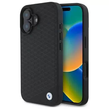BMW BMHMP16S23RDDK iPhone 16 6,1 inch Μαύρη σκληρή θήκη Sign Leather Diamond Metal Logo MagSafe