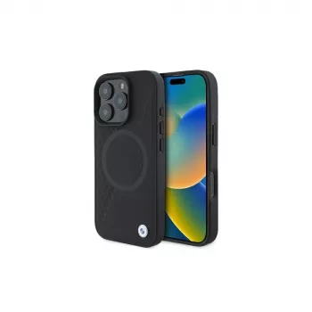 BMW BMHMP16L23RTPK iPhone 16 Pro 6,3 inch Μαύρη σκληρή θήκη Sign Leather Half Textured And Circle MagSafe