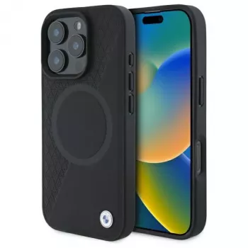 BMW Sign Leather Half Textured Σκληρή θήκη με Circle MagSafe για Apple iPhone 16 Pro Max 6,9 inch Μαύρο