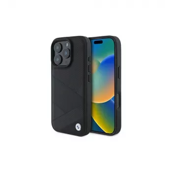 BMW Sign Leather Crossing Lines Pattern Σκληρή θήκη για Apple iPhone 16 Pro 6,3 inch Μαύρο