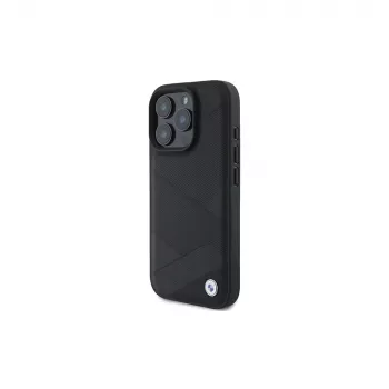 BMW Sign Leather Crossing Lines Pattern Σκληρή θήκη για Apple iPhone 16 Pro 6,3 inch Μαύρο