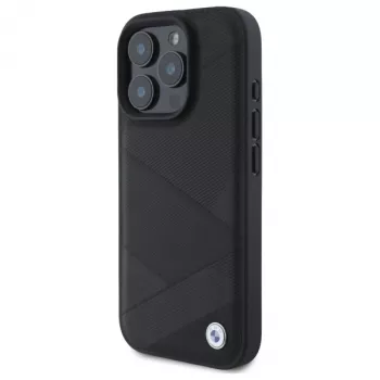 BMW BMHCP16X23RCGPK iPhone 16 Pro Max 6,9 inch Μαύρη σκληρή θήκη Sign Leather Crossing Lines Pattern