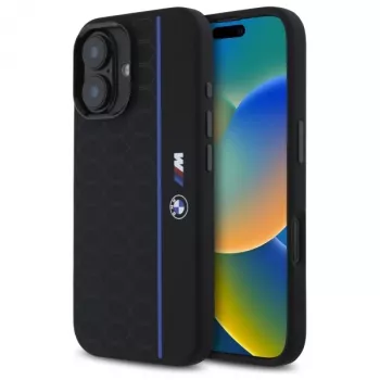 BMW BMHMP16S23SHEB iPhone 16 6,1 inch Μαύρη σιλικονούχα σκληρή θήκη Hexagon Blue Line MagSafe