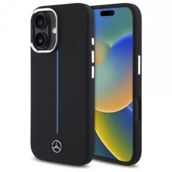 Mercedes-Benz MEHMP16S23SUMBK iPhone 16 6,1 inch Μαύρη Σκληρή Θήκη Σιλικόνης με Μπλε Ρίγα MagSafe