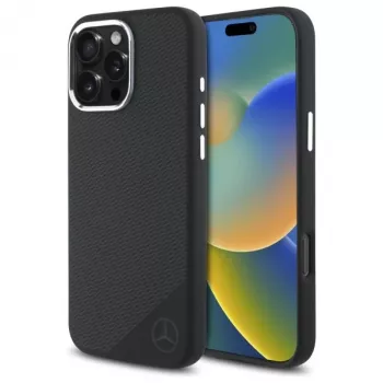 Mercedes-Benz iPhone 16 Pro 6,3 inch Σκληρή Θήκη Σιλικόνης με Tonal Λογότυπο και Μοτίβο Ξύλου, MagSafe - Μαύρο
