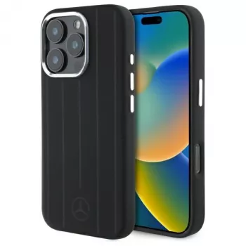 Mercedes-Benz iPhone 16 Pro Max 6,9 inch Σκληρή Θήκη Σιλικόνης με Κάθετες Tonal Ρίγες και MagSafe - Μαύρο