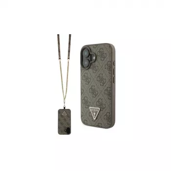 Guess GUHCP16SP4TDSCPW iPhone 16 6,1 inch Σκληρή Θήκη Δέρμα Μεταλλικό Λογότυπο Strass Crossbody Καφέ