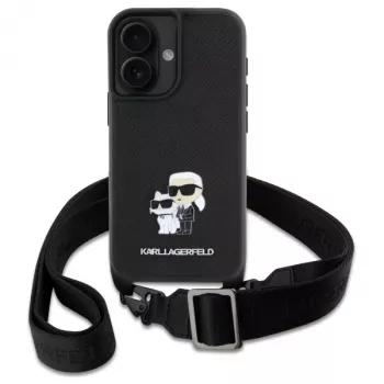 Karl Lagerfeld Saffiano Karl & Choupette Metal Pin CBDY Strap Σκληρή Θήκη για iPhone 16 6,1 inch, Μαύρο