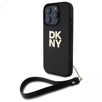DKNY DKHCP16LPBSWSK iPhone 16 Pro 6,3 ίντσες μαύρη σκληρή θήκη με λουρί χεριού και λογότυπο στοίβαγμα