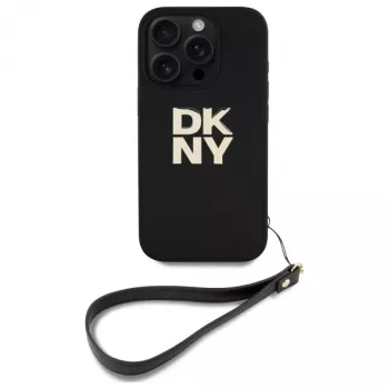 DKNY DKHCP16LPBSWSK iPhone 16 Pro 6,3 ίντσες μαύρη σκληρή θήκη με λουρί χεριού και λογότυπο στοίβαγμα