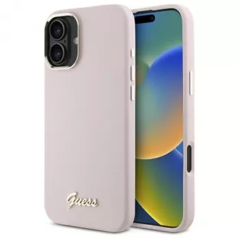 Guess GUHCP16SSMBSLP iPhone 16 6,1 inch Ροζ Σκληρή Θήκη Σιλικόνης με Script Μεταλλικό Λογότυπο και Πλαίσιο