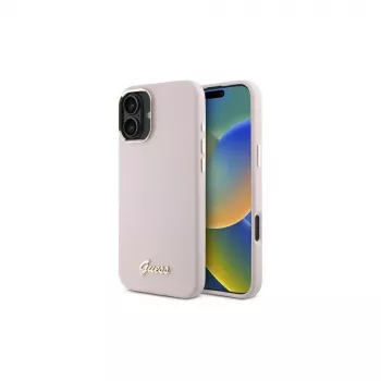 Guess GUHCP16MSMBSLP iPhone 16 Plus 6,7 inch Ροζ Σκληρή Θήκη Σιλικόνης με Script Μεταλλικό Λογότυπο και Πλαίσιο