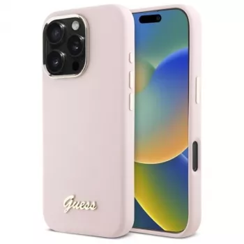 Guess GUHCP16LSMBSLP iPhone 16 Pro 6,3 inch Ροζ Σκληρή Θήκη Σιλικόνης με Script Metal Logo & Πλαίσιο