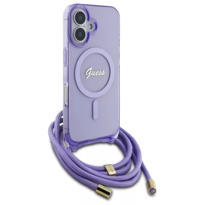 Guess GUHMP16SHCTSGNSU Θήκη iPhone 16 6,1 inch Μωβ Crossbody Cord Script MagSafe