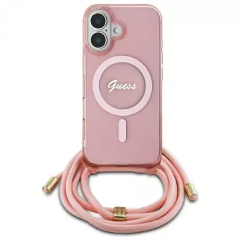 Guess GUHMP16SHCTSGNSP Θήκη iPhone 16 6,1 inch Ροζ Crossbody Cord Script MagSafe