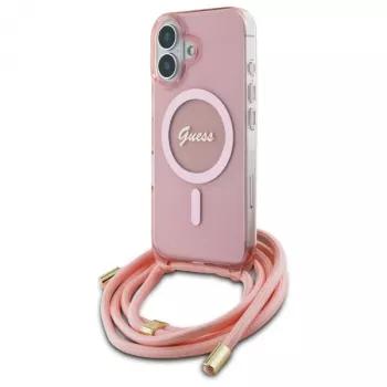 Guess GUHMP16SHCTSGNSP Θήκη iPhone 16 6,1 inch Ροζ Crossbody Cord Script MagSafe