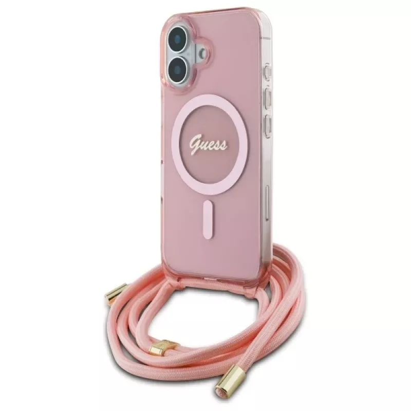 Guess GUHMP16SHCTSGNSP Θήκη iPhone 16 6,1 inch Ροζ Crossbody Cord Script MagSafe