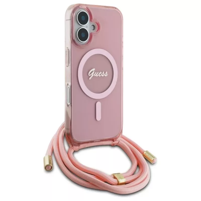Guess GUHMP16SHCTSGNSP Θήκη iPhone 16 6,1 inch Ροζ Crossbody Cord Script MagSafe