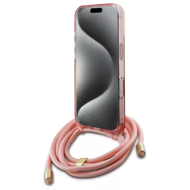 Guess GUHMP16SHCTSGNSP Θήκη iPhone 16 6,1 inch Ροζ Crossbody Cord Script MagSafe
