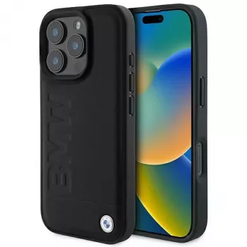 BMW Hot Stamp Leather Θήκη για iPhone 16 Pro 6,3 inch Μαύρη