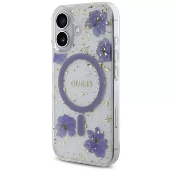 Guess Resin Flowers Glitter Θήκη MagSafe για iPhone 16 μωβ