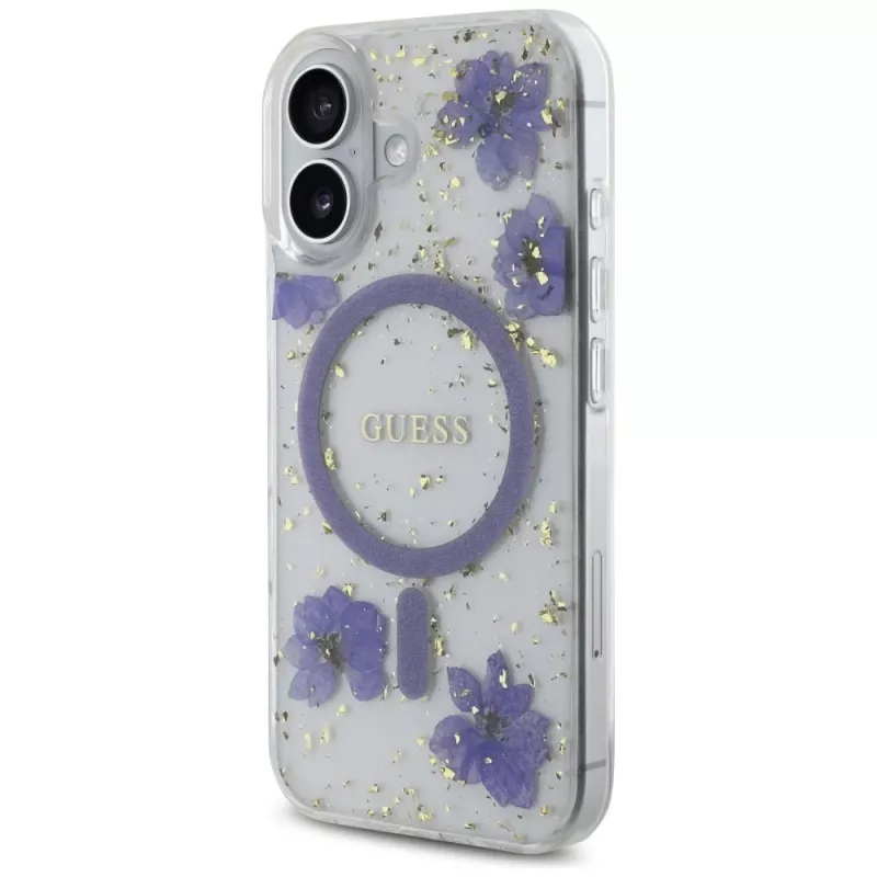 Guess Resin Flowers Glitter Θήκη MagSafe για iPhone 16 μωβ