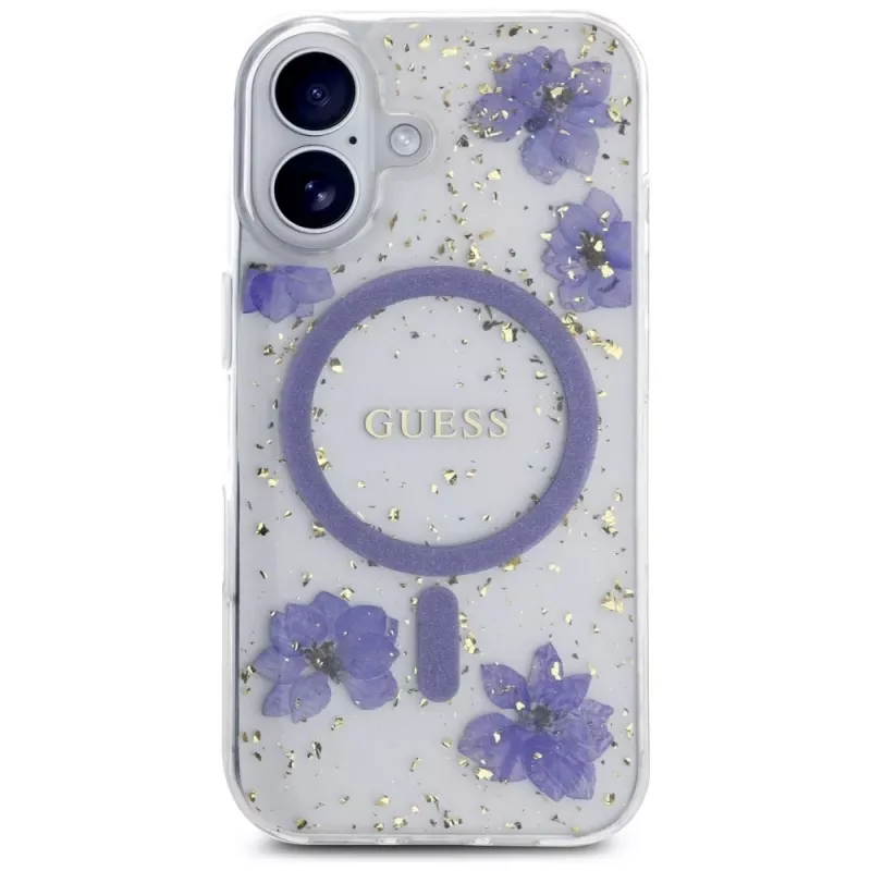 Guess Resin Flowers Glitter Θήκη MagSafe για iPhone 16 μωβ