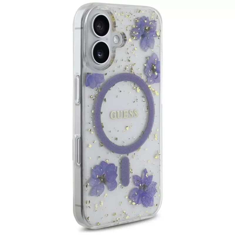 Guess Resin Flowers Glitter Θήκη MagSafe για iPhone 16 μωβ
