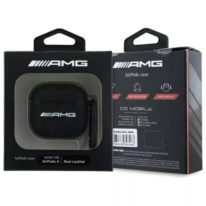 AMG AMA4SLWK AirPods 4 Θήκη Μαύρο Δέρμα Λευκό Λογότυπο