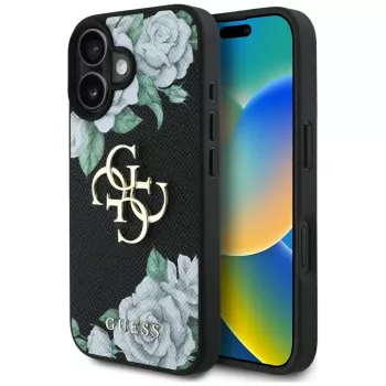 Guess Grained Roses Big 4G Logo Θήκη για Apple iPhone 16, Μαύρο