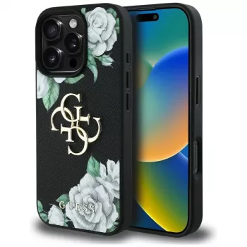 Guess Grained Roses Big 4G Logo Θήκη για Apple iPhone 16 Pro, Μαύρο