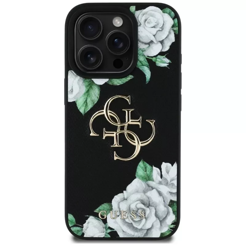 Guess Grained Roses Big 4G Logo Θήκη για Apple iPhone 16 Pro, Μαύρο