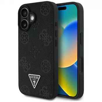 Guess Grained Hot Stamp Peony Triangle Logo MagSafe Θήκη για iPhone 16 (Μαύρο)