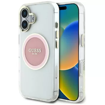 Guess IML Metal Colored Circle Classic Logo MagSafe Θήκη για iPhone 16 (Ροζ)