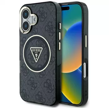 Guess IML Metal Glitter 4G Circle Triangle MagSafe Θήκη για Apple iPhone 16 (Μαύρο)