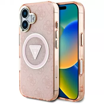 Guess IML Metal Glitter 4G Circle Triangle MagSafe Θήκη για iPhone 16 (Ροζ)
