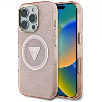 Guess IML Metal Glitter 4G Circle Triangle MagSafe Θήκη πλάτης για Apple iPhone 16 Pro (Ροζ)