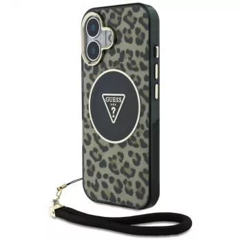 Guess HC IML Leopard Triangle Θήκη για iPhone 16 με κορδόνι, Καφέ, MagSafe