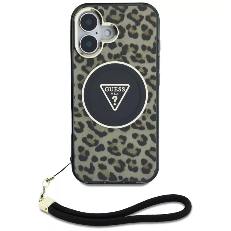 Guess HC IML Leopard Triangle Θήκη για iPhone 16 με κορδόνι, Καφέ, MagSafe