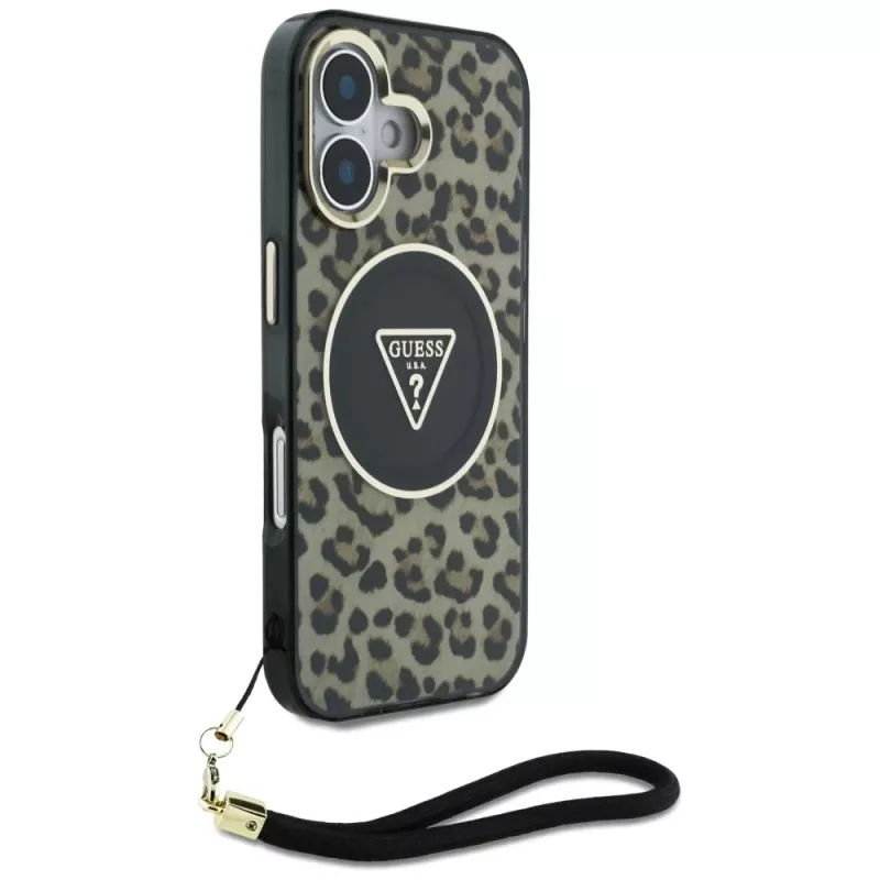 Guess HC IML Leopard Triangle Θήκη για iPhone 16 με κορδόνι, Καφέ, MagSafe