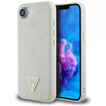 Θήκη Guess Grained Hot Stamp Peony Triangle Logo MagSafe για iPhone 16e (Μπεζ)