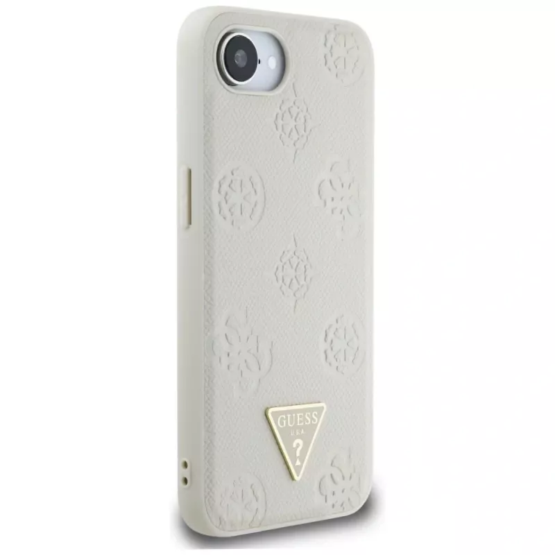 Θήκη Guess Grained Hot Stamp Peony Triangle Logo MagSafe για iPhone 16e (Μπεζ)