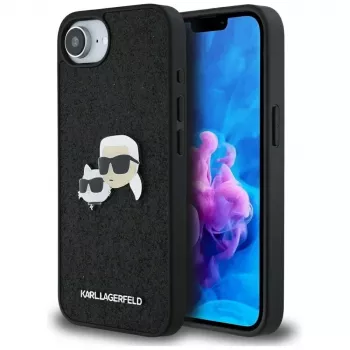 Θήκη Karl Lagerfeld Fixed Glitter Karl & Choupette Heads Metal Pin για Apple iPhone 16e (Μαύρο)