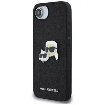 Θήκη Karl Lagerfeld Fixed Glitter Karl & Choupette Heads Metal Pin για Apple iPhone 16e (Μαύρο)