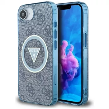 Θήκη Guess IML Metal Glitter 4G Circle Triangle MagSafe για iPhone 16e (Μπλε)