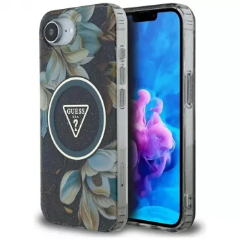 Guess IML Metal Glitter Flowers Triangle MagSafe Θήκη για Apple iPhone 16e (Μαύρο)